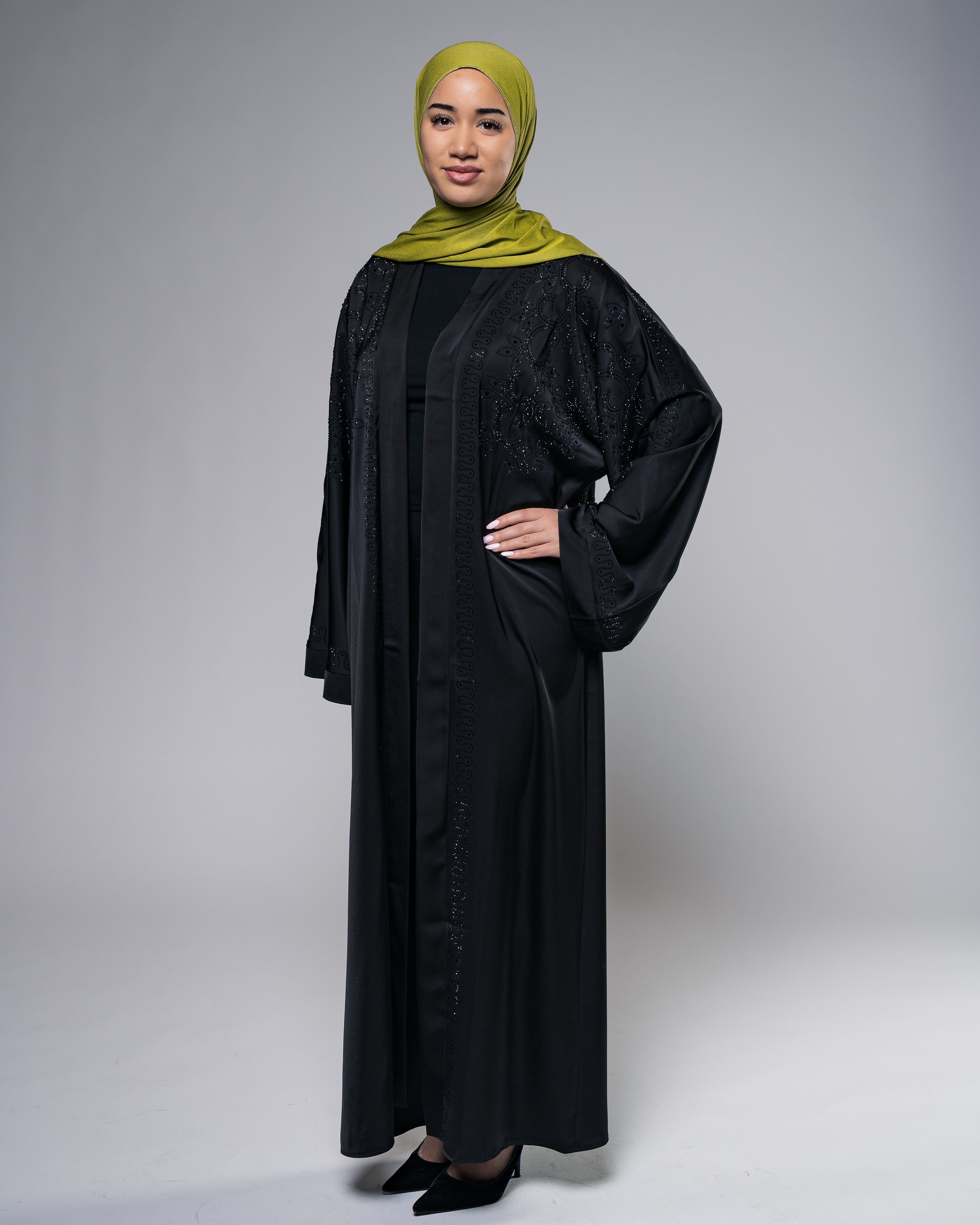 Luxury Open Abaya mit Glitzersteinen in Schwarz - Zaytouna